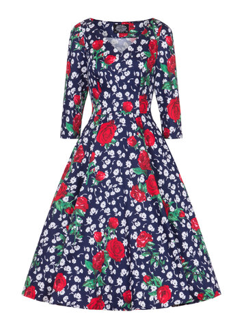 Zľava Retro pin up šaty s rukávom Biele a červené kvety